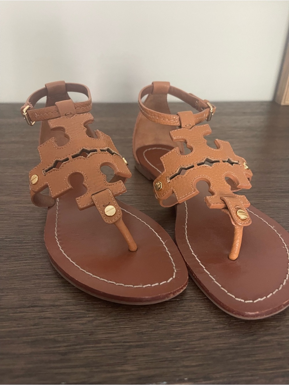 Tory Burch Cognac Leather Logo T-Strap Sandals